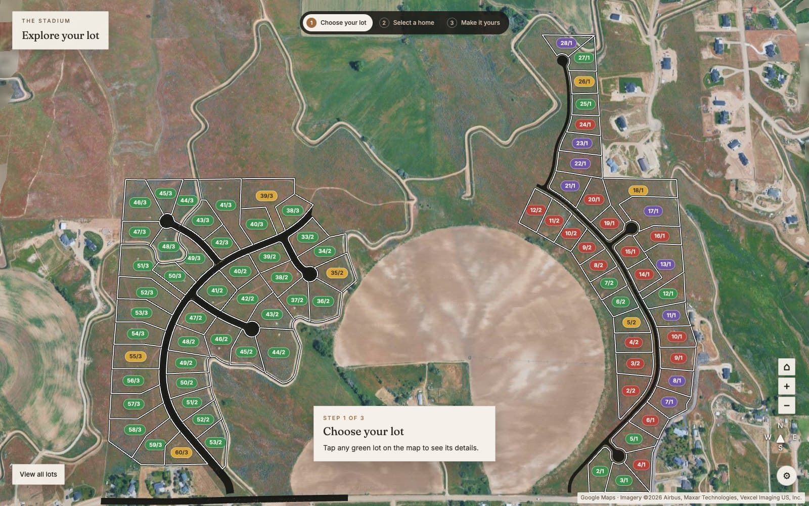 The Stadium lot and home visualizer: satellite view of the Phase 1 and Phase 2 homesites with every lot labeled by availability